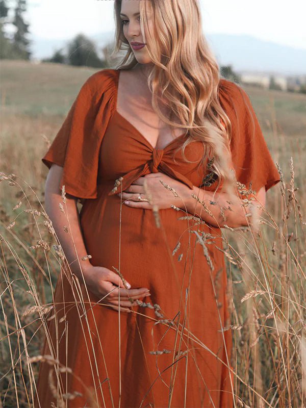 Momyknows Bow Flutter Sleeve Solid V-neck Flowy Beach Cute Photoshoot Baby Shower Maternity Maxi Dress, Rust Red / S