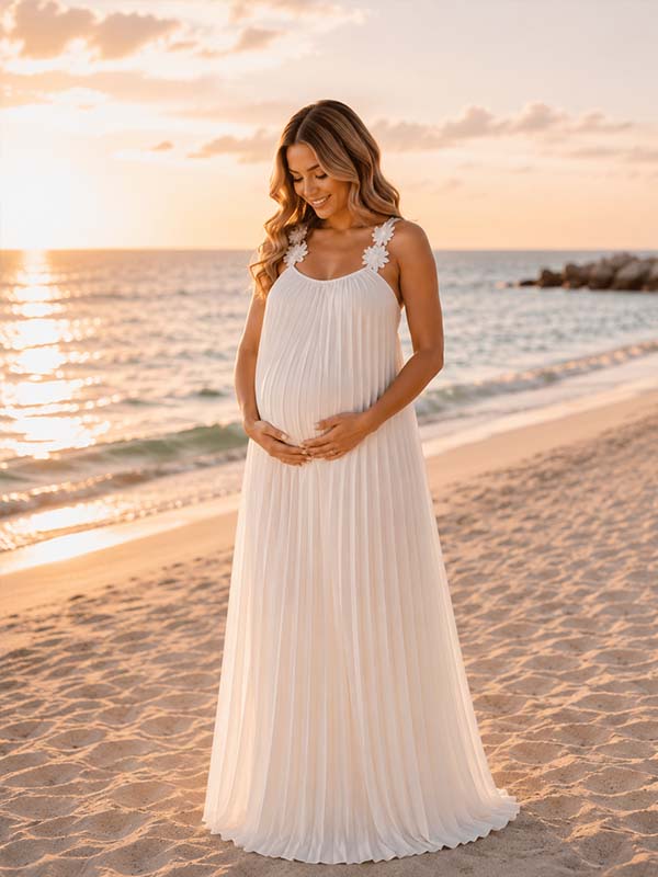Momyknows White Ruffle 3D Flowers Lace-up Spaghetti Strap Maternity Photoshoot Maxi Dress - White - 1