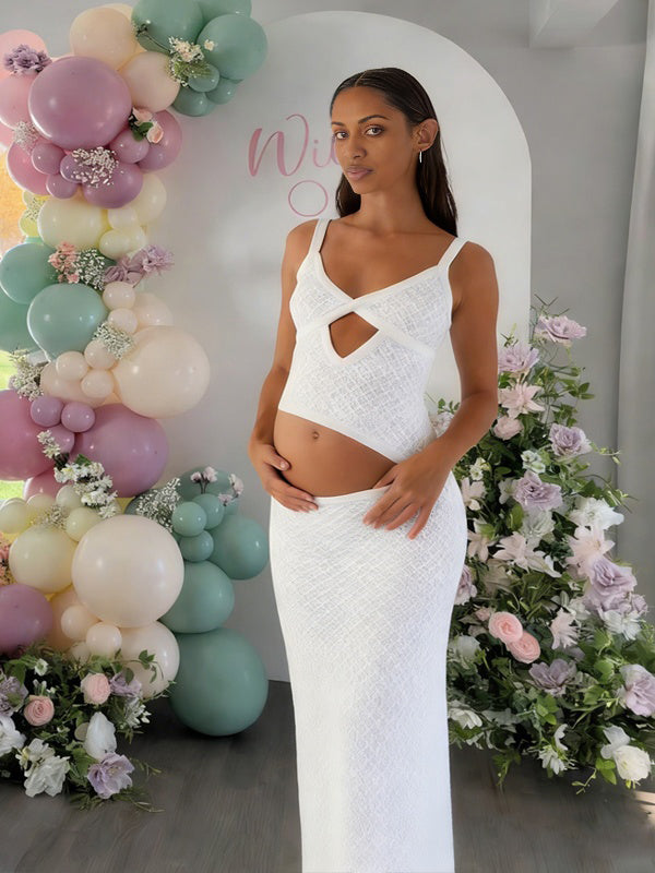 Momyknows White Spaghetti Strap Grid Crop Top Maternity Baby Shower Maxi Dress