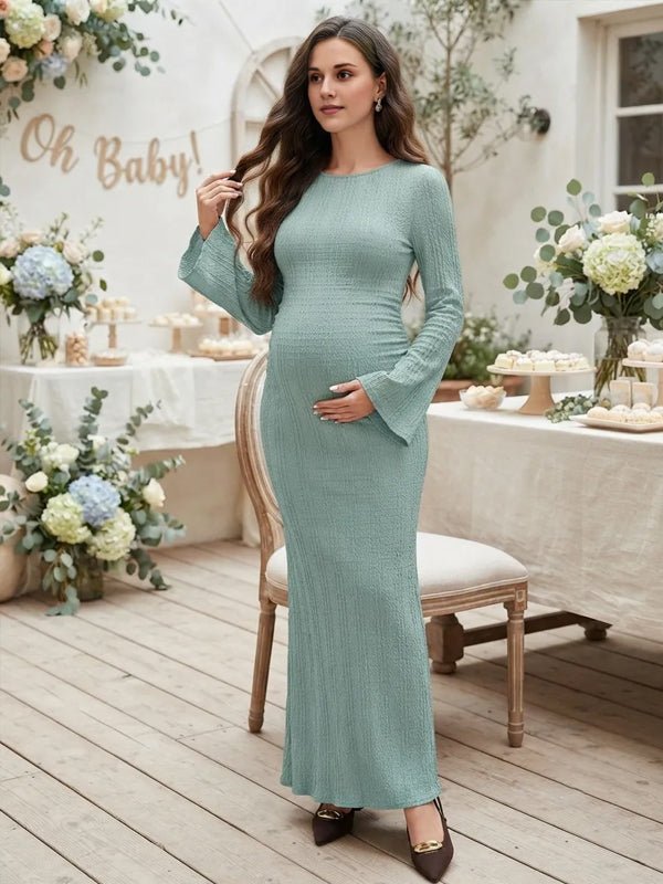 Momyknows Flare Sleeve Crochet Bodycon Mermaid Babyshower Maternity Maxi Dress - Light Blue - 1