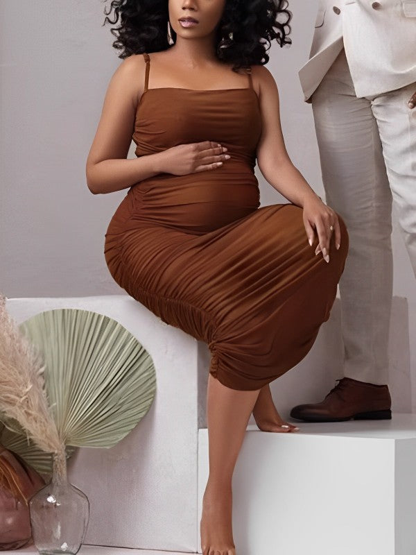 Momyknows Brown Bodycon Cascading Ruffle Spaghetti Strap Chic Fashion Maternity Photoshoot Maxi Dress