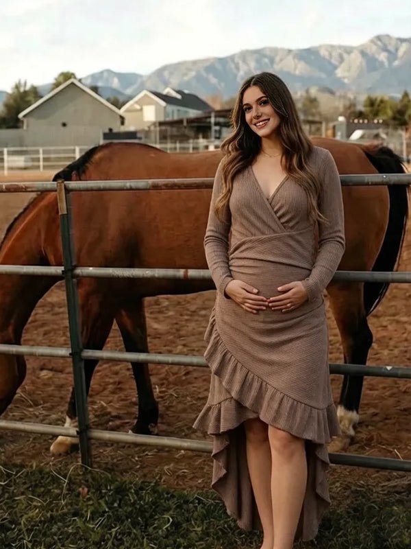 Momyknows Camel Falbala V-neck Long Sleeve Irregular Solid Color Photoshoot Maternity Midi Dress - Camel - 1