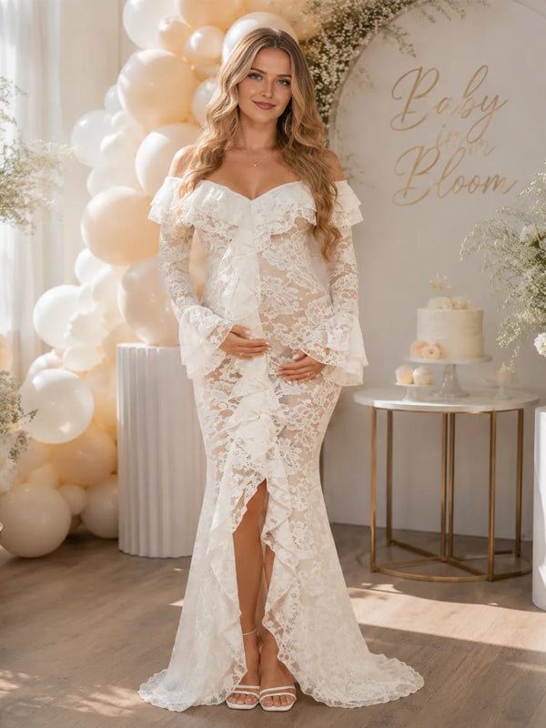 Momyknows White Off Shoulder Ruffle Side Slit Lace Flare Sleeve Maternity Baby Shower Maxi Dress - White - 1