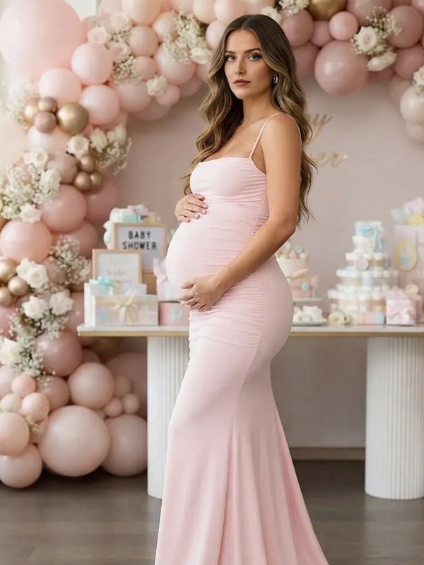Momyknows Pink Spaghetti Strap Ruched Lace Up Backless Maternity Baby Shower Maxi Dress - Pink - 4