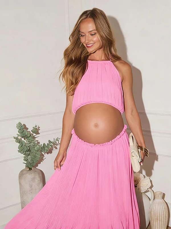 Momyknows Chic Pleated Halter Neck Backless Flowy 2-in-1 Vacation Maternity Maxi Dress