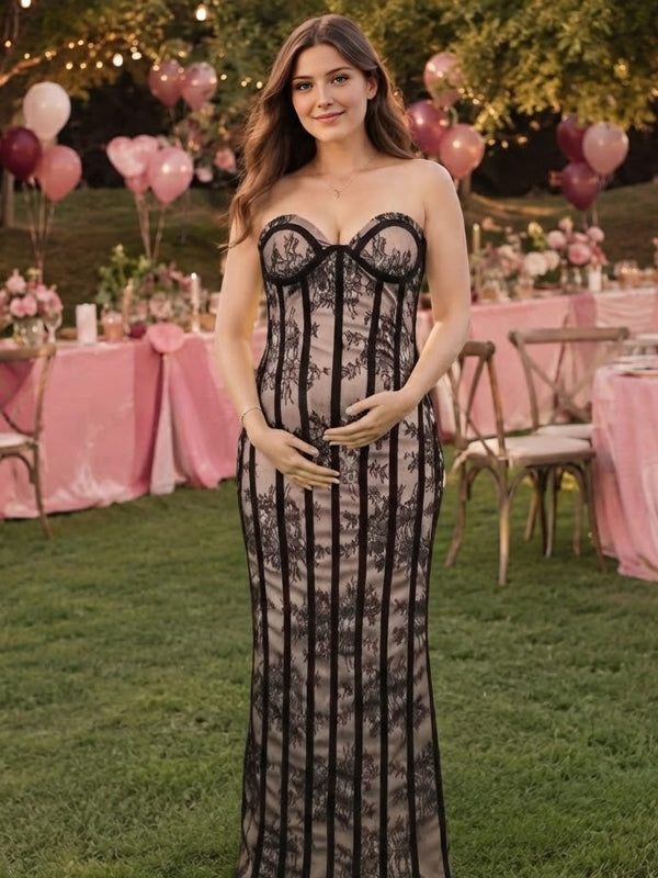 Black Lace Maternity Maxi Dress with Backless Design and Spliced Detail and Elegant Silhouette, Baby Shower Style