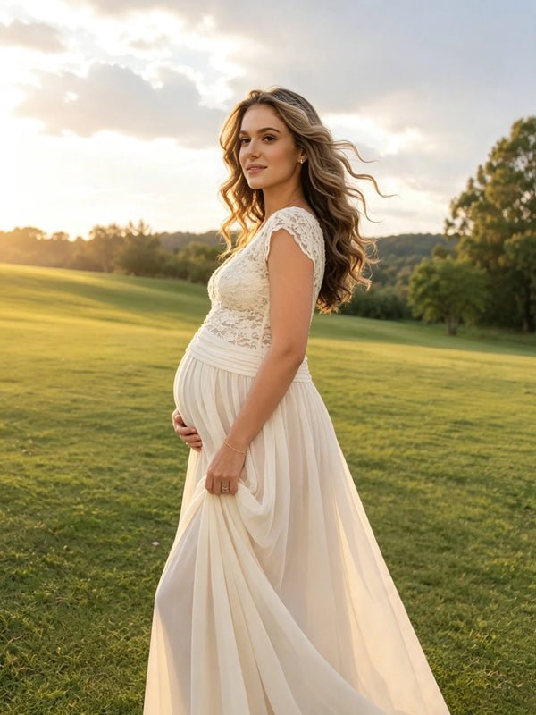 Momyknows Apricot Lace Grenadine Backless Solid Color A-Line Photoshoot Maternity Maxi Dress - Apricot - 5