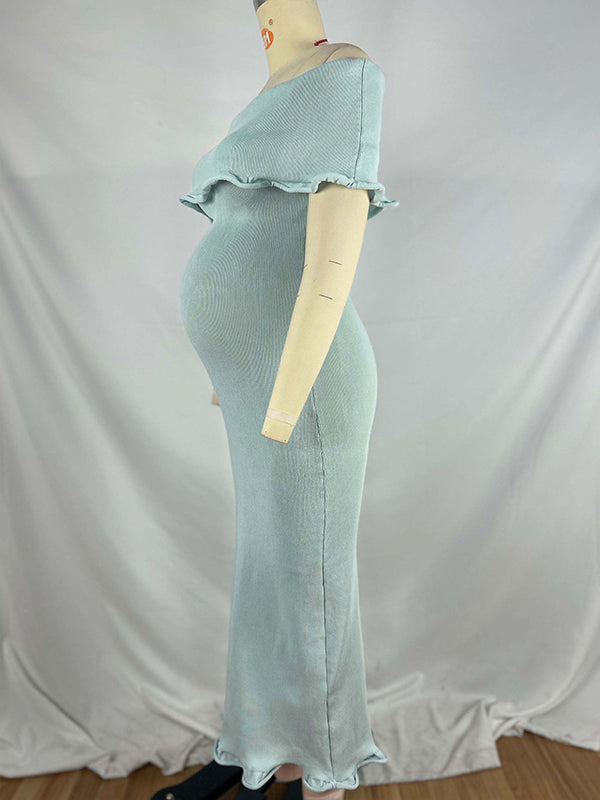 Momyknows Light Blue Knit Off Shoulder Wire Ripple Hem Bodycon Elegant Cocktail Party Maternity Baby Shower Midi Dress Momyknows Light Blue Knit Off Shoulder Wire Ripple Hem Bodycon Elegant Cocktail Party Maternity Baby Shower Midi Dress