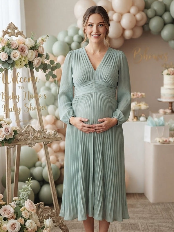 Blue Elegant Ruched Maternity Midi Dress with Deep V Neckline and Flattering Fit, Baby Shower Occasion
