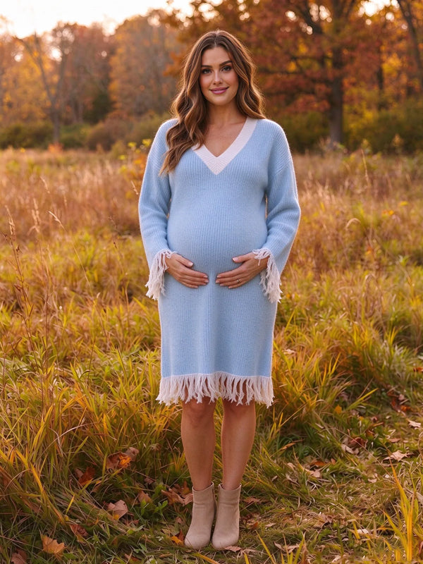 Blue color-block maternity mini dress with tassel accents and a flattering silhouette, perfect for photoshoots