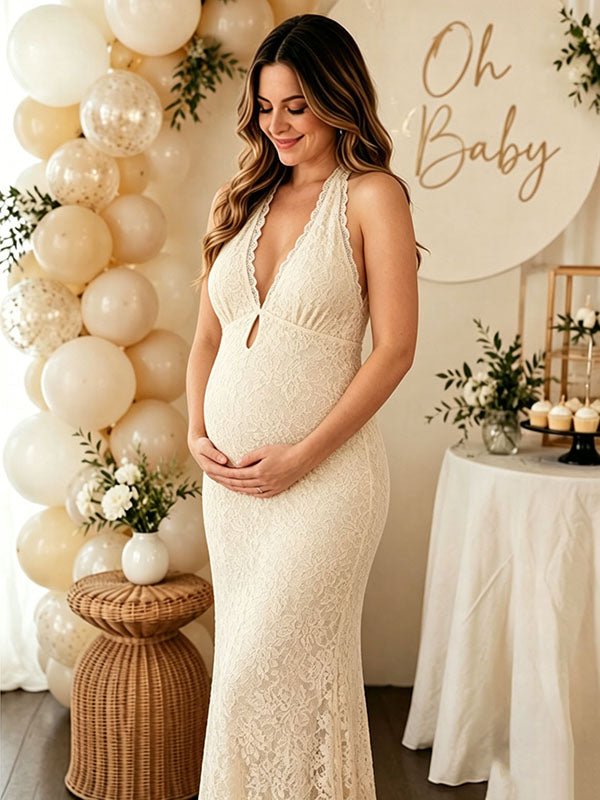 Momyknows Elegant Yellow Halter Neck Lace Backless Lace-Up,Bodycon Baby Shower Maternity Maxi Dress, Beige / S