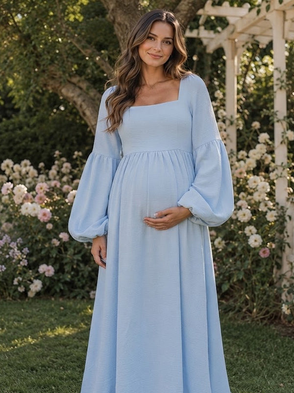 Momyknows Square Neck Oversize Puff Sleeve Big Swing Maternity Baby Shower Maxi Dress