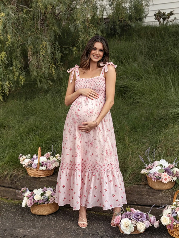 Momyknows Pink Prin Spaghetti Straps Square Neck Daily Maternity Photoshoot Midi Dress