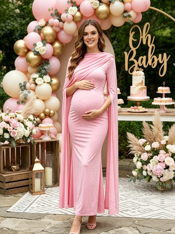 Pink Chiffon Maternity Dress with Cape Design and Ruffle Details and Fitted Silhouette, Baby Shower