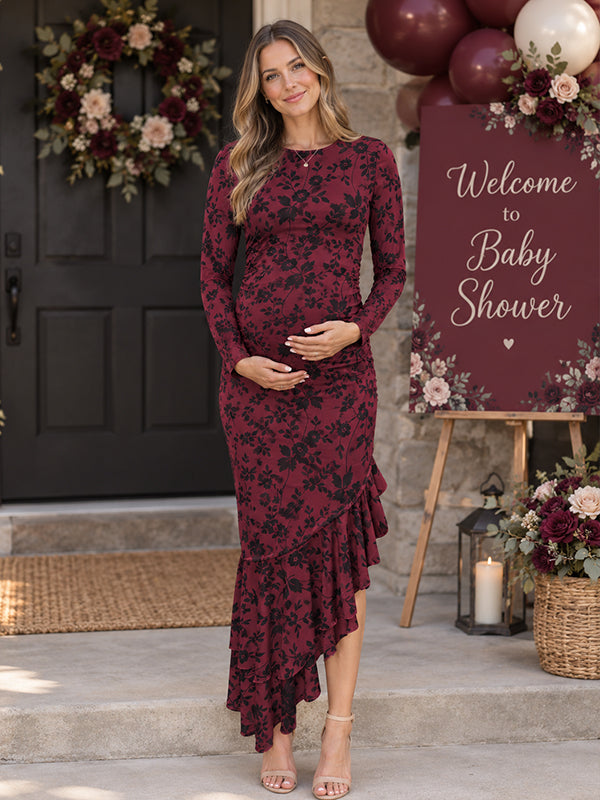 Wine Red Printed Maternity Maxi Dress with Ruffle Details and Ruched Bodice and Irregular Hem, Baby Shower Occasion
