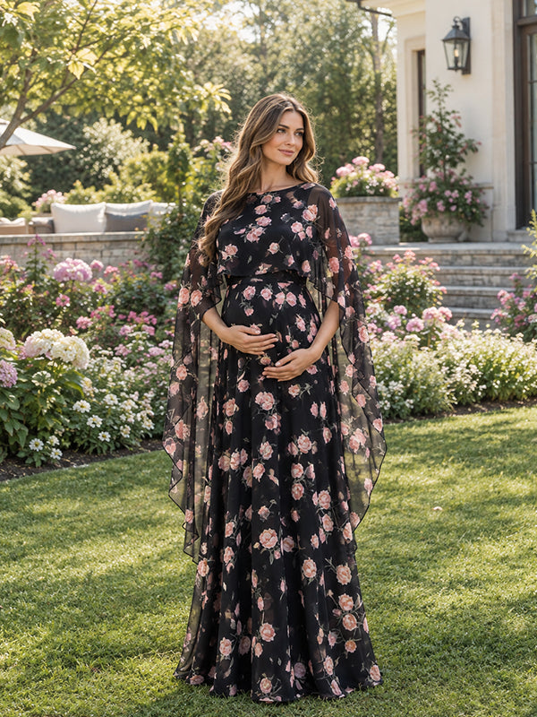 Black Print Maternity Maxi Dress with Cape Detail and Big Swing Silhouette, Photoshoot Occasion