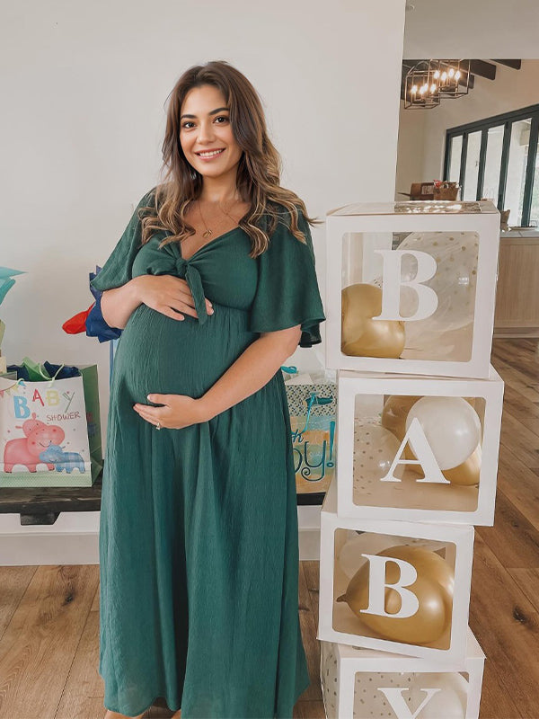 Momyknows Bow Flutter Sleeve Solid V-neck Flowy Cute Gender Reveal Maternity Maxi Dress Green / 2XL Momyknows Bow Flutter Sleeve Solid V-neck Flowy Cute Gender Reveal Maternity Maxi Dress Green / 2XL