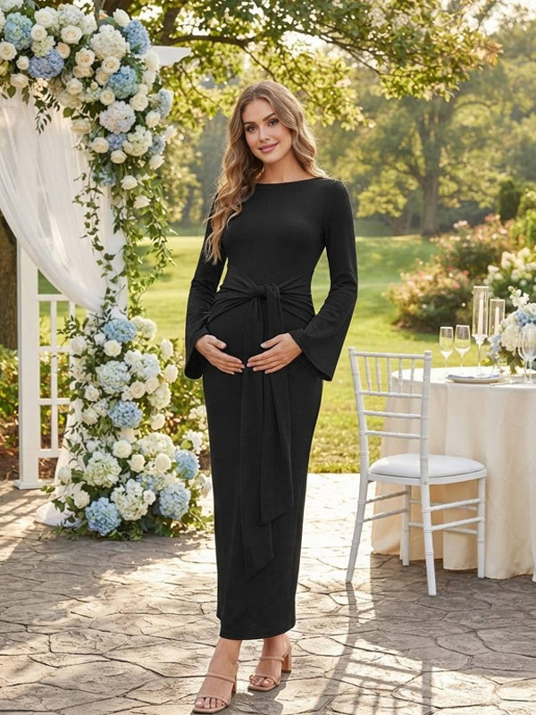 Black Maternity Maxi Dress with Lace-Up Details and Bell Sleeves and Flattering Fit, Wedding Guest