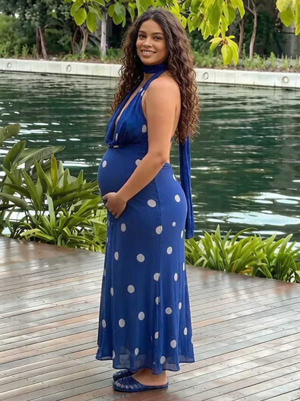 Momyknows Blue Polka Dot Halter Neck Open Back Photoshoot Maternity Maxi Dress Blue / S Momyknows Blue Polka Dot Halter Neck Open Back Photoshoot Maternity Maxi Dress Blue / S