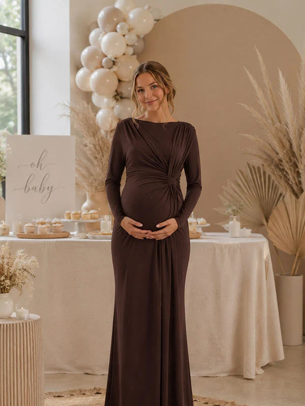 Brown Ruched Knot Baby Shower Maternity Maxi Dress