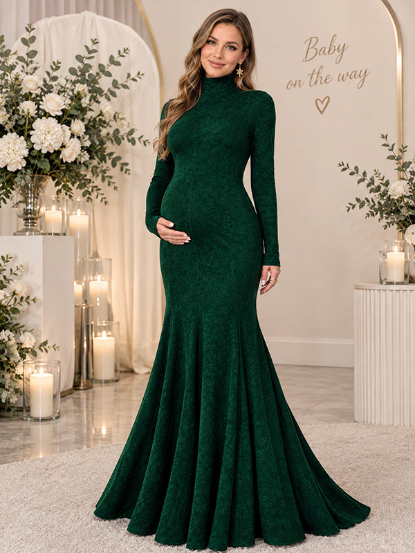 Green Babyshower Maternity Maxi Dress with pleuche texture and bodycon fit silhouette, for baby shower