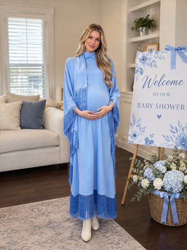Sky Blue Maternity Maxi Dress with Batwing Sleeves and Tassel Ribbon Details