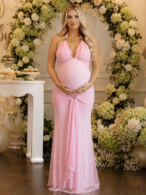 Momyknows Halter Neck Lace Up Ruched Backless Maternity Baby Shower Maxi Dress
