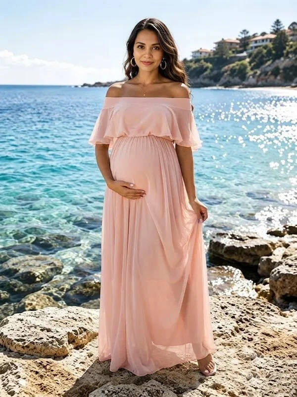 Momyknows Chiffon Off Shoulder Open Back Flowy Big Swing Maternity Photoshoot Maxi Dress