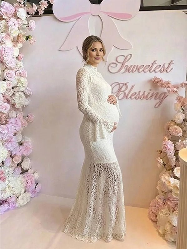 Momyknows White Elegant Lace Flare Sleeve Baby Shower Maternity Maxi Dress - White - 3