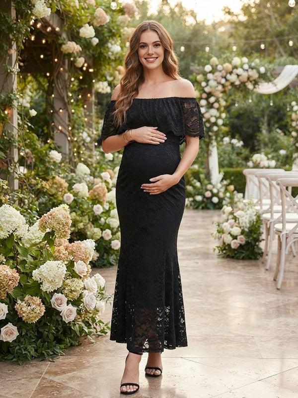 Black Lace Maternity Dress with Slim Fit and Ruffle Details, Wedding Guest