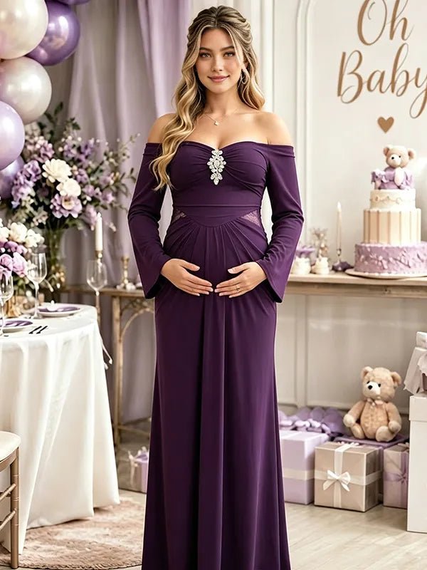 Momyknows Purple Lace Open Back Ruched Off Shoulder Flare Sleeve Bodycon Baby Shower Maxi Dress - Purple - 2