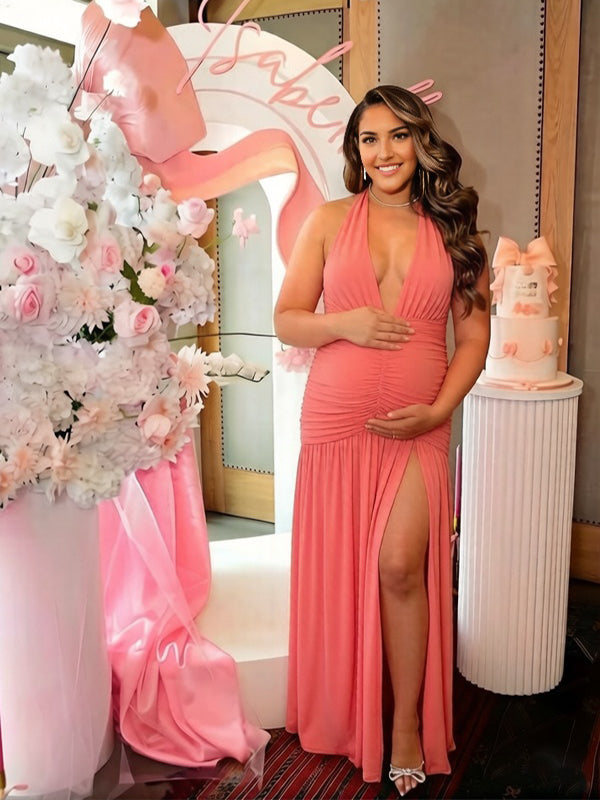 Momyknows Pink Deep V Backless Side Slit Ruched Maternity Baby Shower Maxi Dress