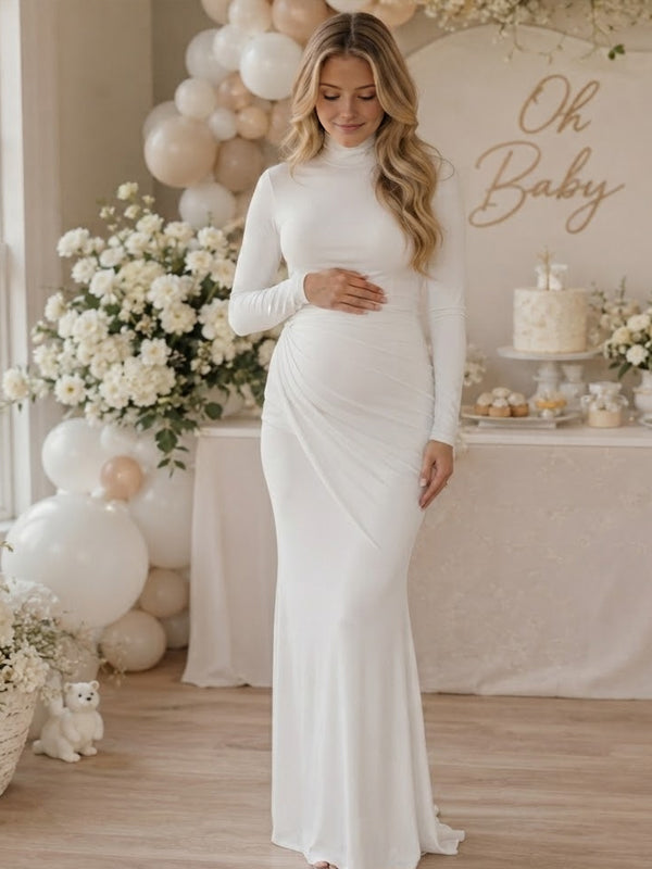 White Ruched Maternity Maxi Dress with High Neckline and Flattering Silhouette