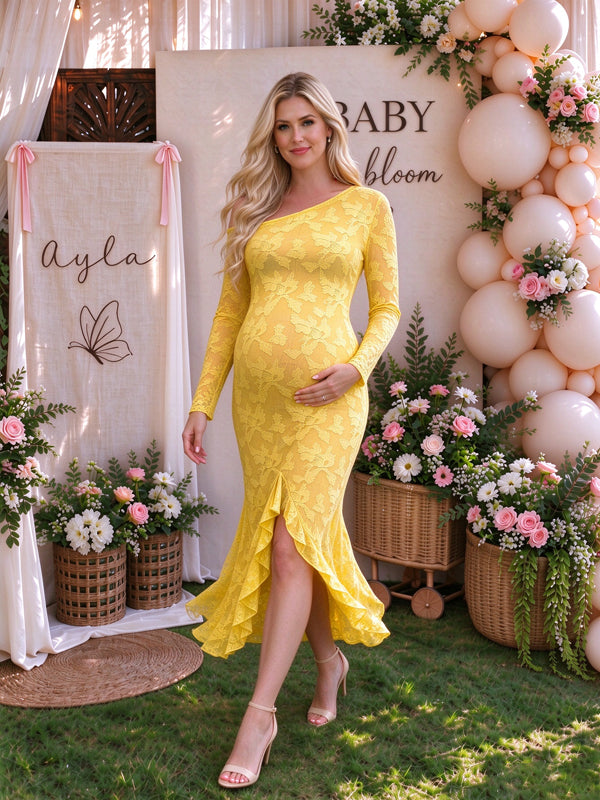 Yellow maternity maxi dress with an asymmetrical one-shoulder design and delicate ruffle accents, elegant flowing fit