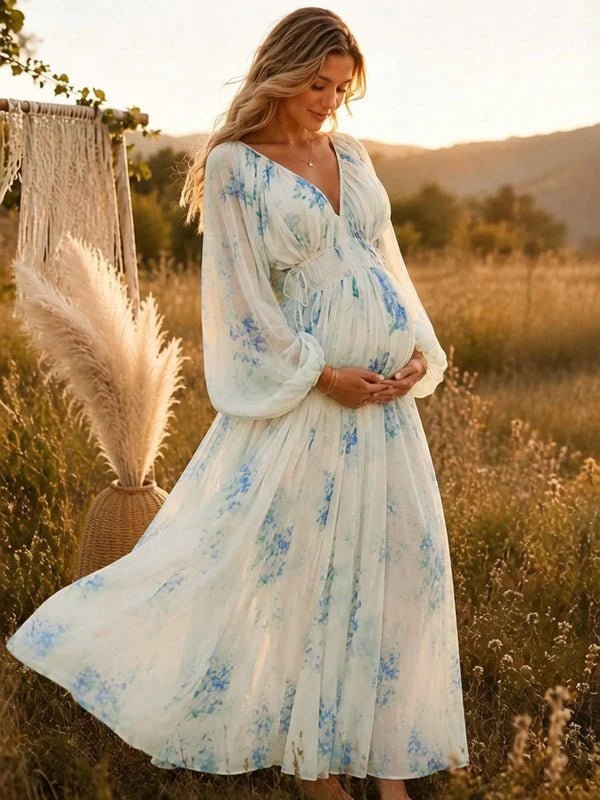 Momyknows Blue Elegant Floral Drawstring Ruffle Flowy Maternity Photoshoot Maxi Dress - Blue - 2