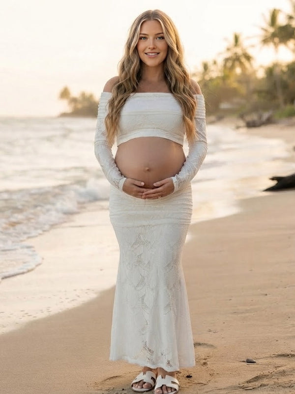 White Lace Maternity Maxi Dress with Off Shoulder Neckline and Bodycon Silhouette