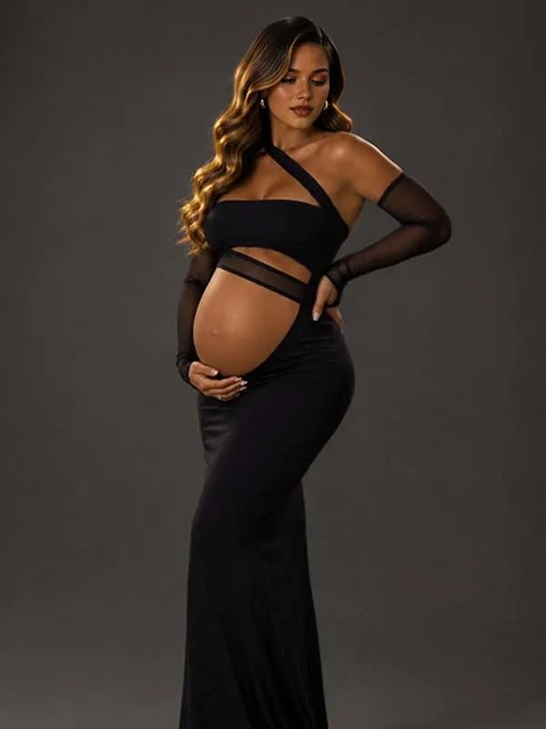 Momyknows Black Sheer Grenadine Irregular Cut Out Midriff Splicing Maternity Photoshoot Maxi Dress - Black - 2