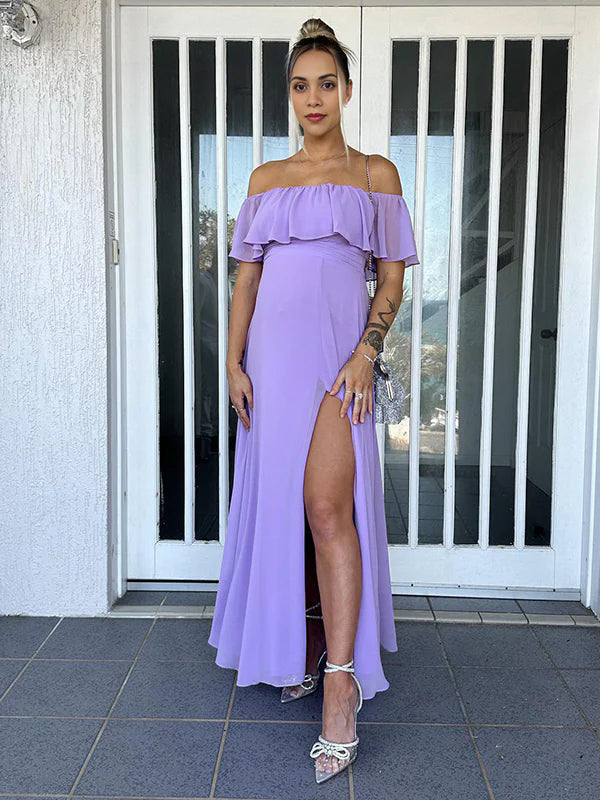 Momyknows Flowy Chiffon Off Shoulder Ruffle Falbala Side Slit Big Swing Elegant Evening Gown Maternity Photoshoot Baby Shower Maxi Dress Purple / L Momyknows Flowy Chiffon Off Shoulder Ruffle Falbala Side Slit Big Swing Elegant Evening Gown Maternity Photoshoot Baby Shower Maxi Dress Purple / L
