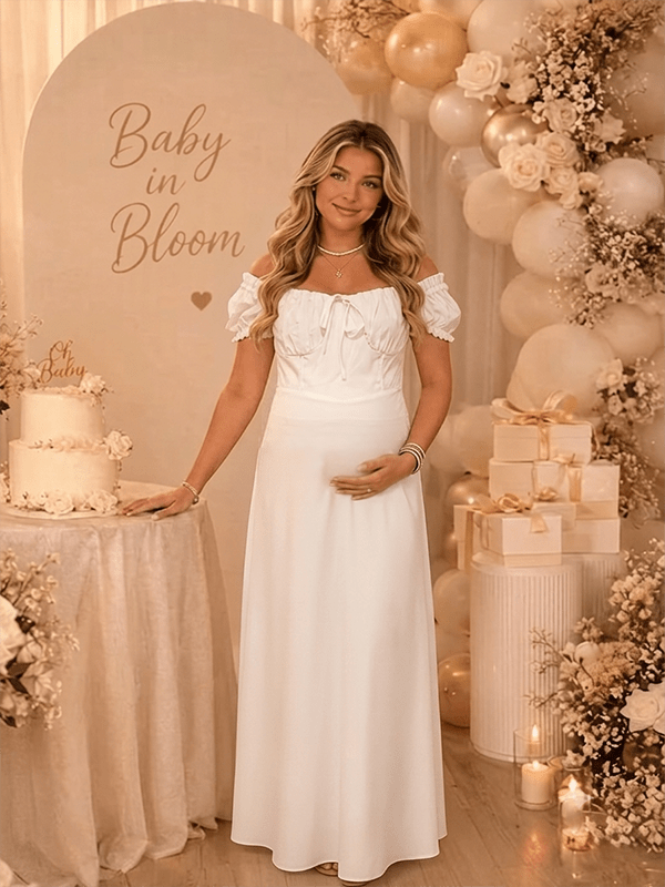Momyknows White Ruffle Ruched Lace-Up Summer Beach Photoshoot Maternity Baby Shower Maxi Dress - White - 3
