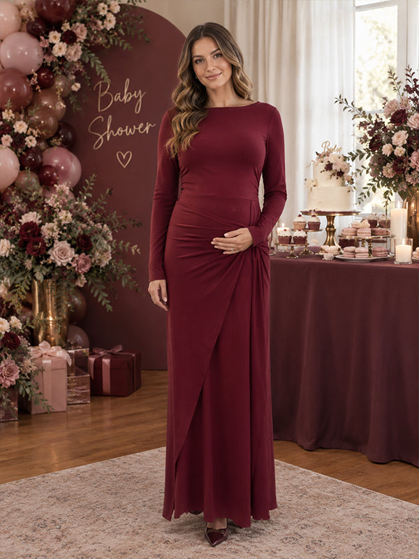 Wine Red Elegant Ruched Maternity Maxi Dress with Kink Detail and Flattering Fit, Baby Shower Occasion