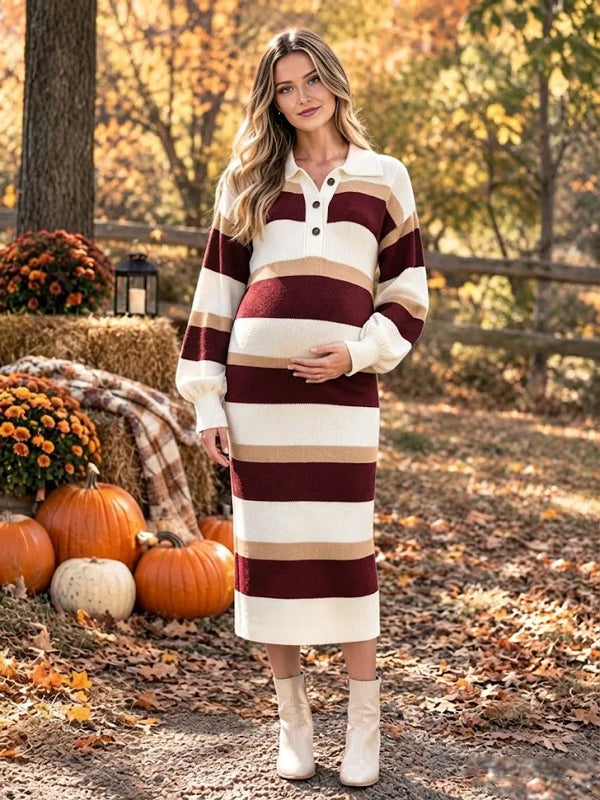Wine Red Sweater Maternity Midi Dress with Striped Pattern and Colorblock Accents and Slit Detail, Photoshoot Occasion
