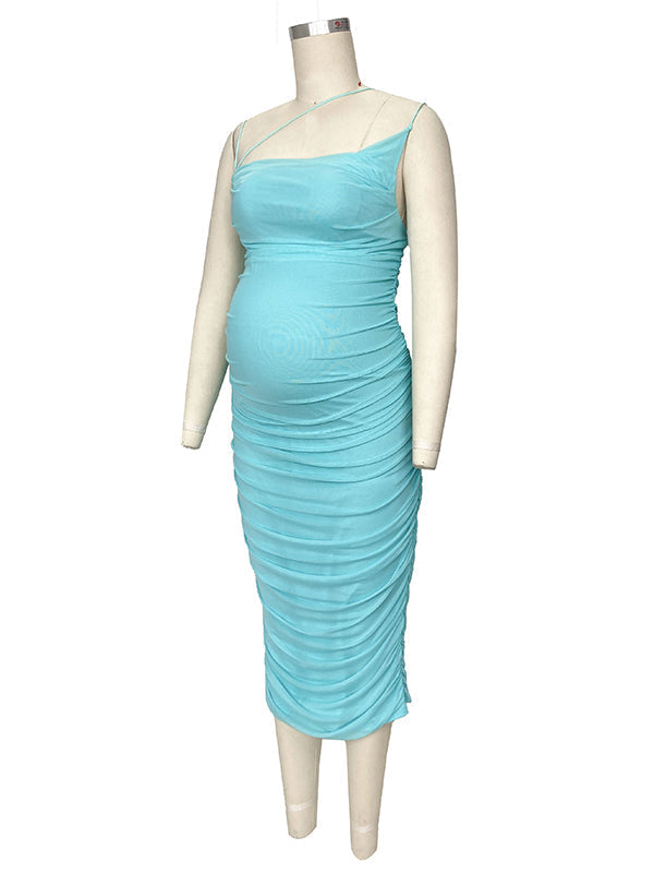Momyknows Spaghetti Strap Mesh Ruched Bodycon Babyshower Maternity Midi Dress Momyknows Spaghetti Strap Mesh Ruched Bodycon Babyshower Maternity Midi Dress