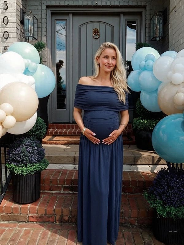 Momyknows Elegant Dark Blue Off Shoulder Ruched Bodycon Baby Shower Maternity Maxi Dress - Dark Blue - 1