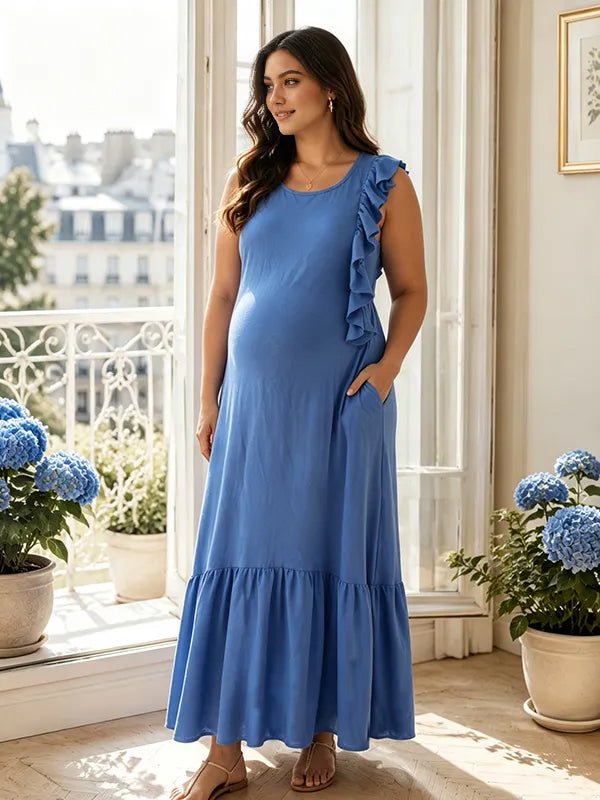 Momyknows Plus Size Irregular Ruched Ruffle Maternity Photoshoot Maxi Dress - Blue - 2