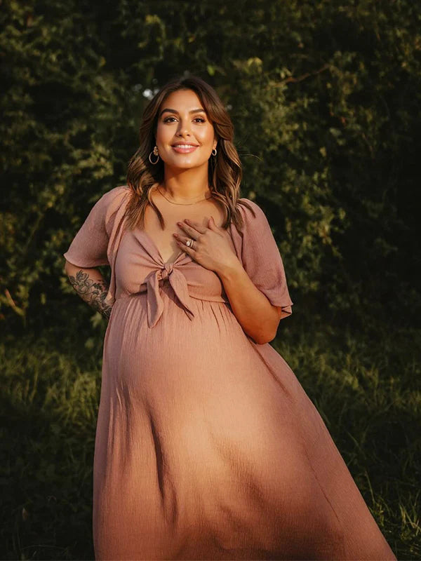 Momyknows Bow Flutter Sleeve Solid V-neck Flowy Cute Gender Reveal Maternity Maxi Dress Momyknows Bow Flutter Sleeve Solid V-neck Flowy Cute Gender Reveal Maternity Maxi Dress