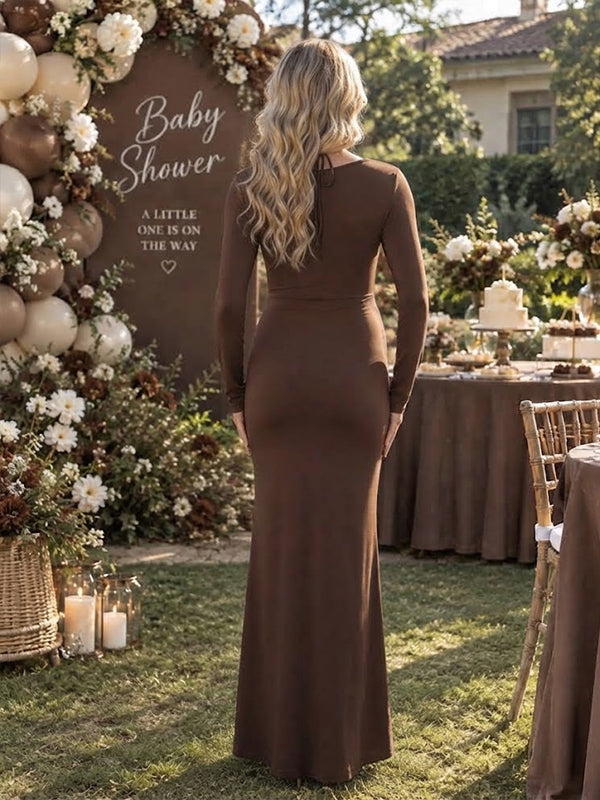 Tan Maternity Maxi Dress with Halter Neck and Ribbon Accent