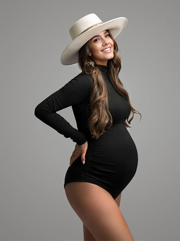 Momyknows Solid High Neck Party Long Sleeve Short Maternity Bodysuit Jumpsuit