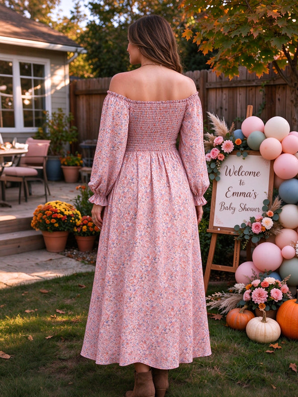 Pink Printed Maternity Maxi Dress with Puff Sleeve Details and Elegant Silhouette