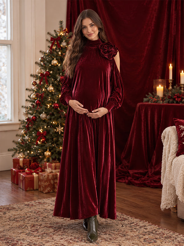 Red Off Shoulder Maternity Maxi Dress with 3D Flower Details and Elegant Fit, Christmas Baby Shower Occasion
