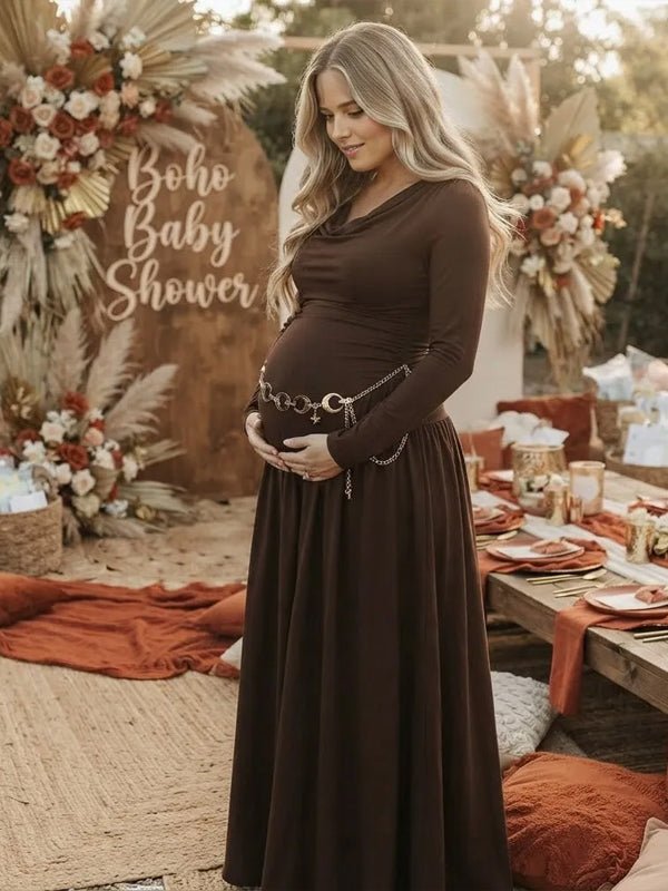 Momyknows Brown Open Collar Big Swing Ruched Maternity Baby Shower Maxi Dress - Brown - 2